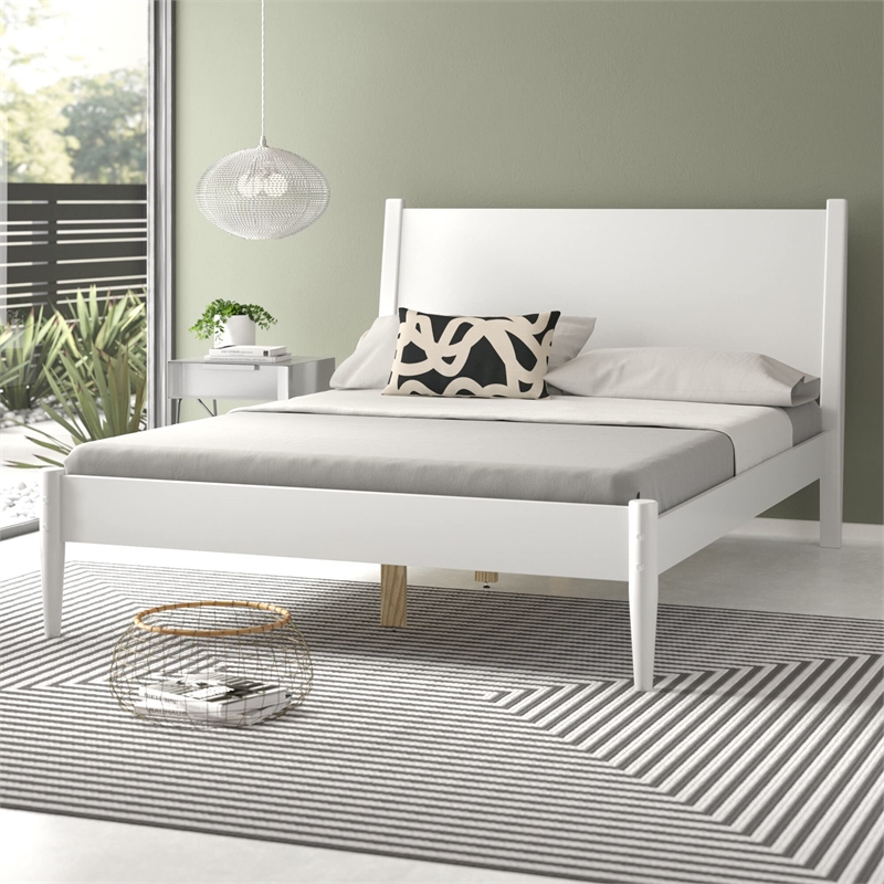 Camaflexi Mid-Century Solid Wood Queen Panel Bed in White