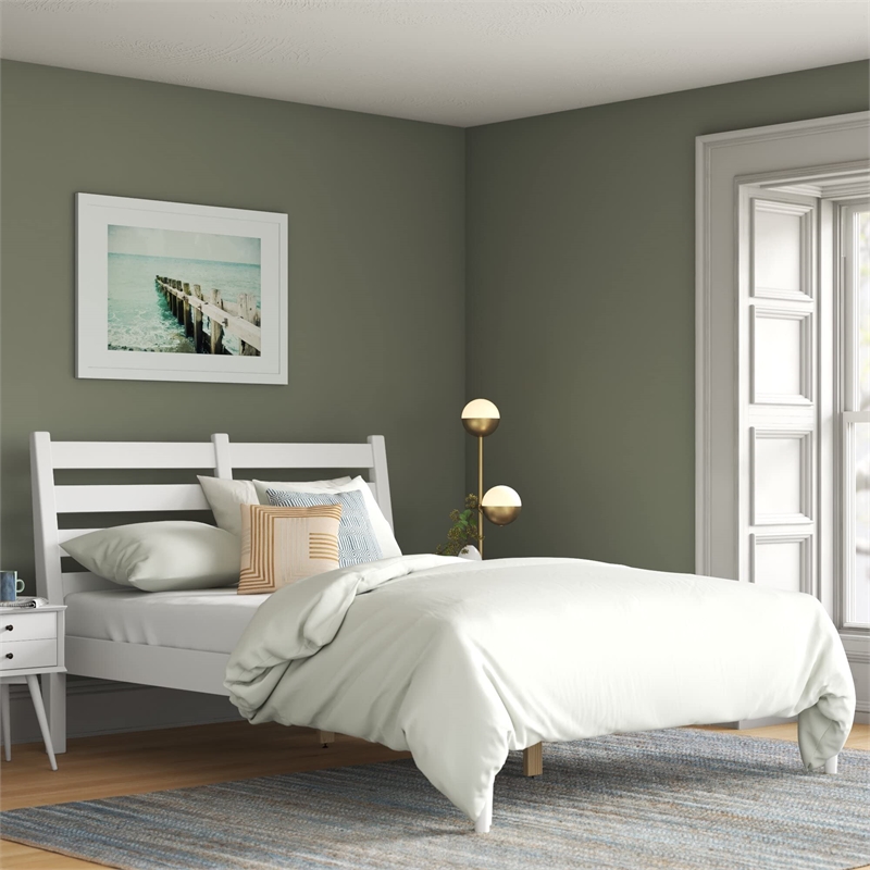Camaflexi Mid-Century Solid Wood Slat King Bed in White