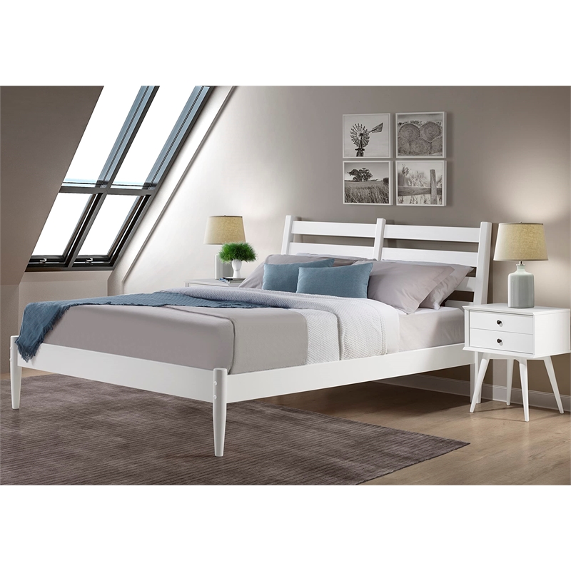 Camaflexi Mid-Century Solid Wood Slat King Bed in White