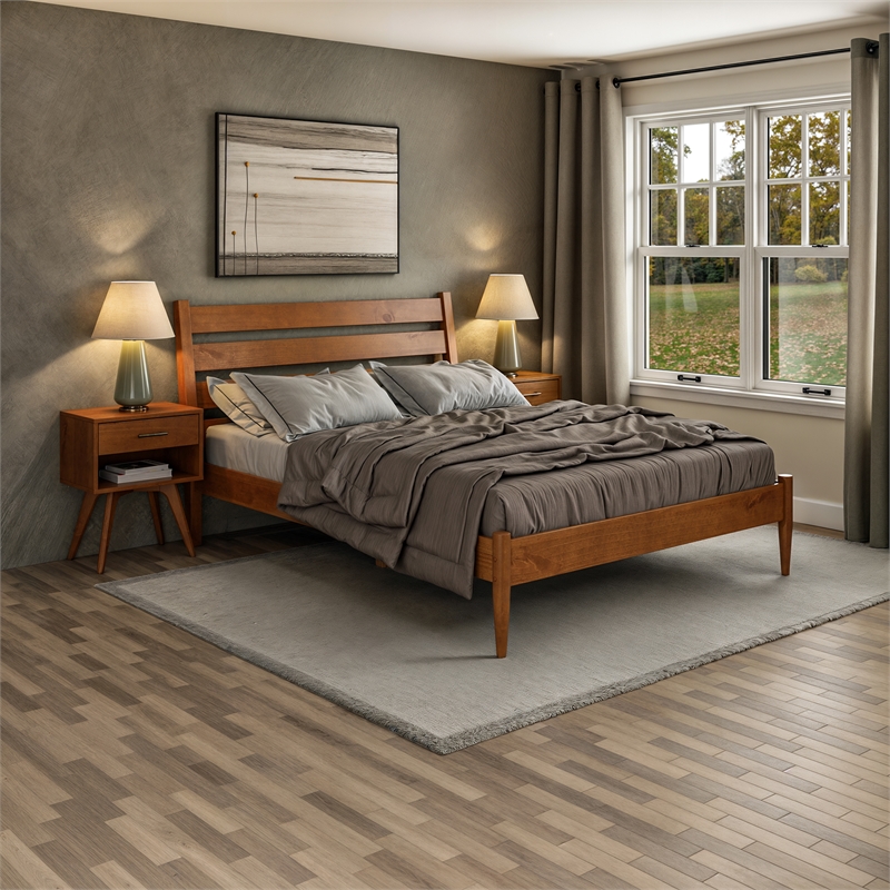 Camaflexi Mid-Century Solid Wood Queen Platform Bed in Castanho Brown