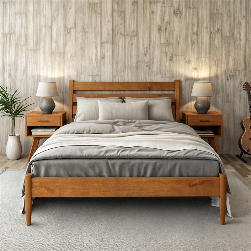 Camaflexi Mid-Century Solid Wood Queen Platform Bed in Castanho Brown