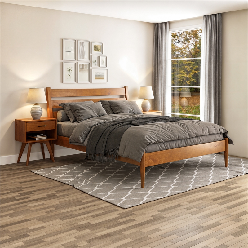 Camaflexi Mid-Century Solid Wood Queen Platform Bed in Castanho Brown