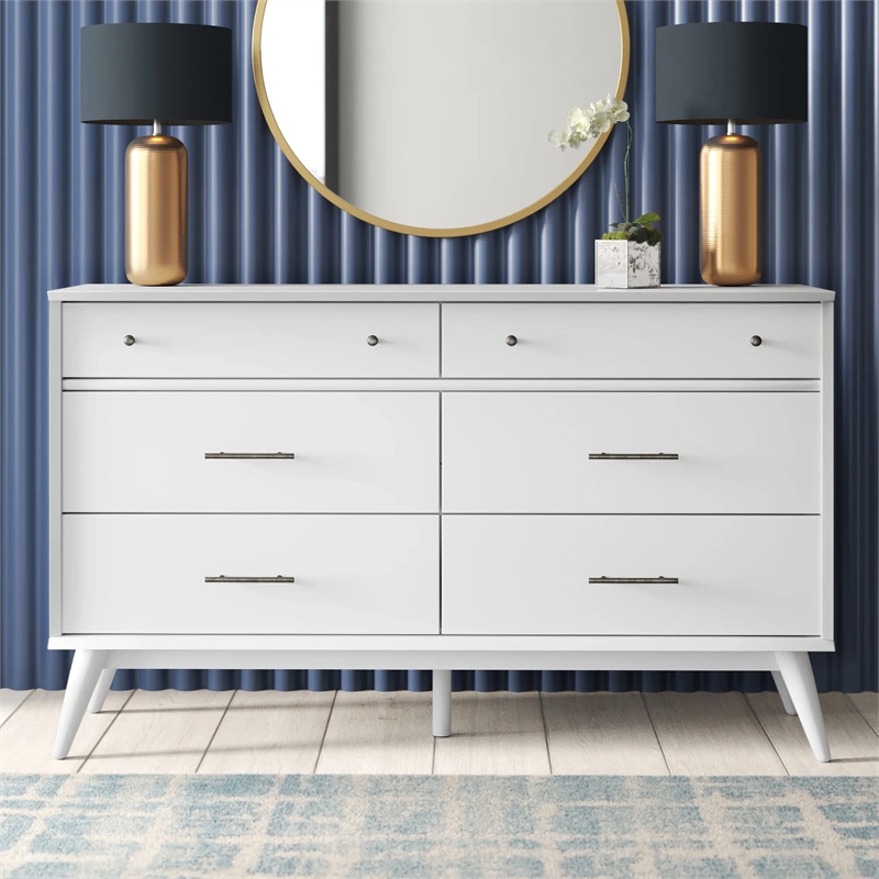 Camaflexi Mid-Century Solid Wood 6-Drawer Bedroom Dresser in White