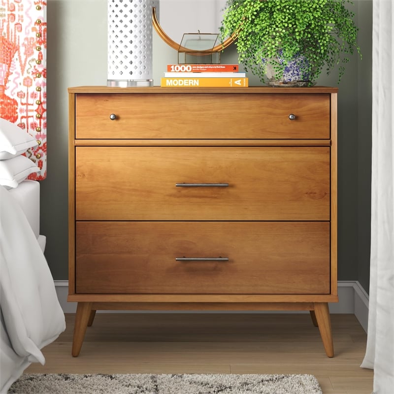 Camaflexi Mid-Century Solid Wood 3-Drawer Bedroom Dresser in Castanho Brown