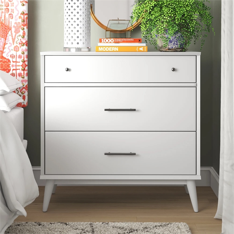 Camaflexi Mid-Century Solid Wood 3-Drawer Bedroom Dresser in White