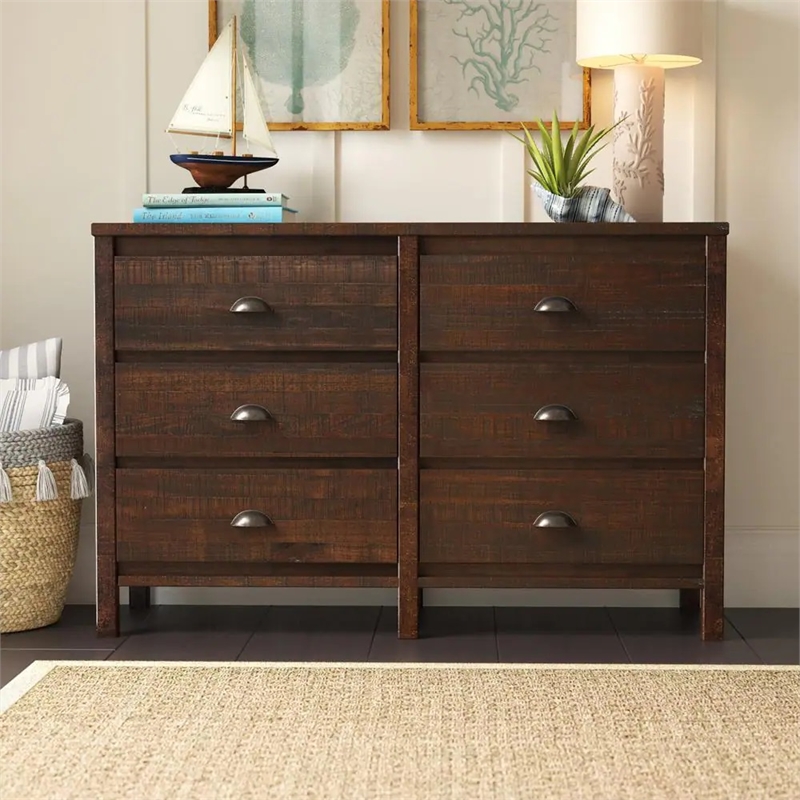 Camaflexi Baja Solid Wood 6-Drawer Bedroom Dresser in Walnut