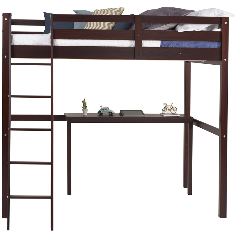 Camaflexi Tribeca Solid Pine Wood High Loft Bed Full with Desk in Cappuccino