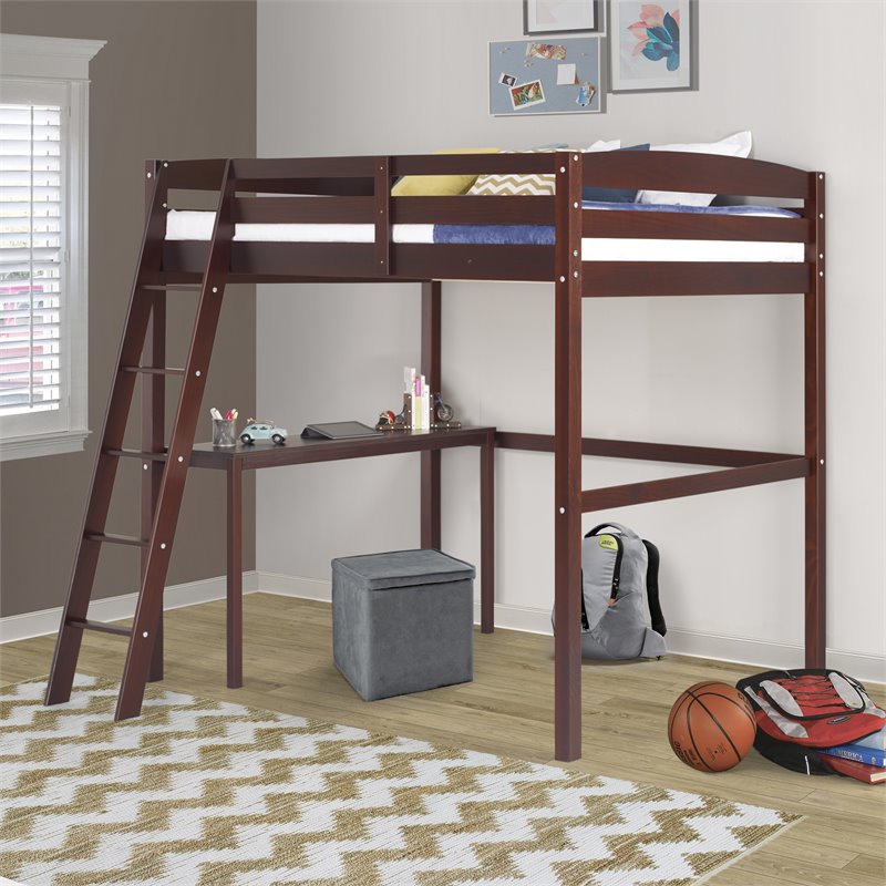 Camaflexi Tribeca Solid Pine Wood High Loft Bed Twin with Desk in Cappuccino