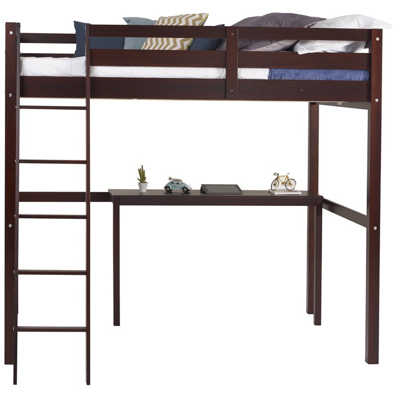Camaflexi Tribeca Solid Pine Wood High Loft Bed Twin with Desk in Cappuccino