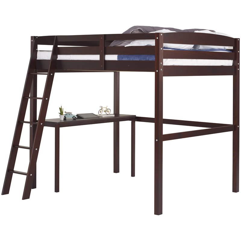 Camaflexi Tribeca Solid Pine Wood High Loft Bed Twin with Desk in Cappuccino