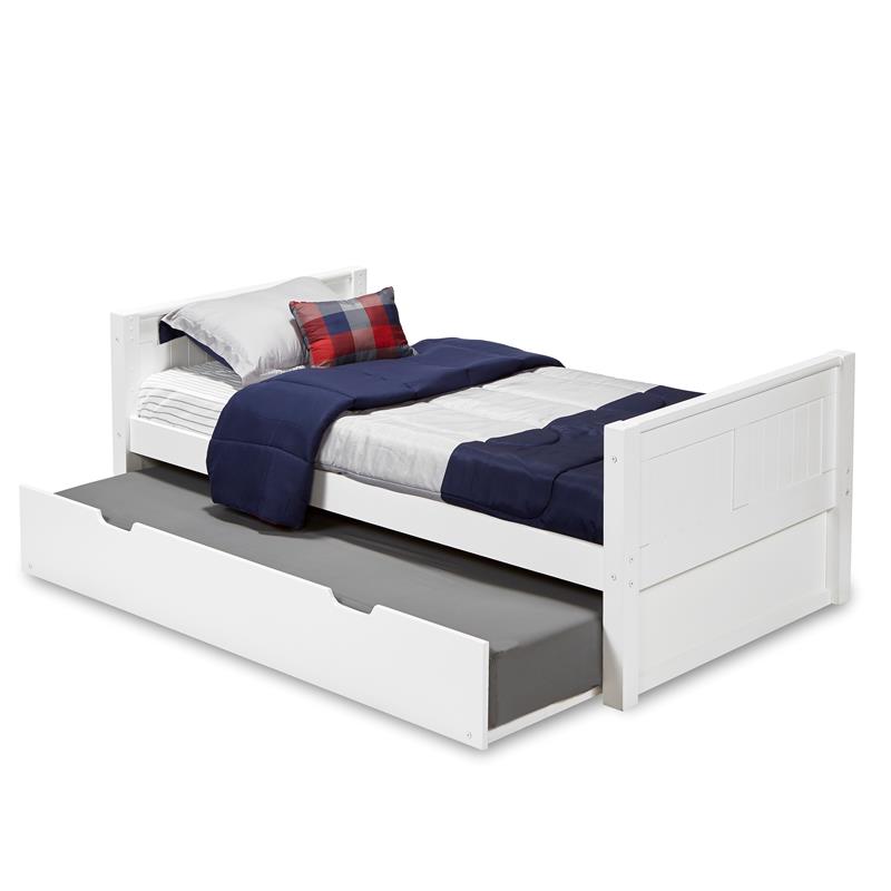 Camaflexi Twin Size Platform Bed with Twin Trundle - Panel Headboard - White