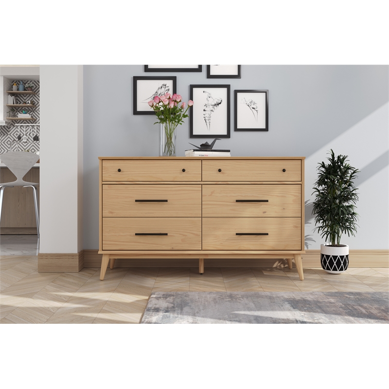 Mid Century Six Drawer Dresser - Scandinavian Oak Finish