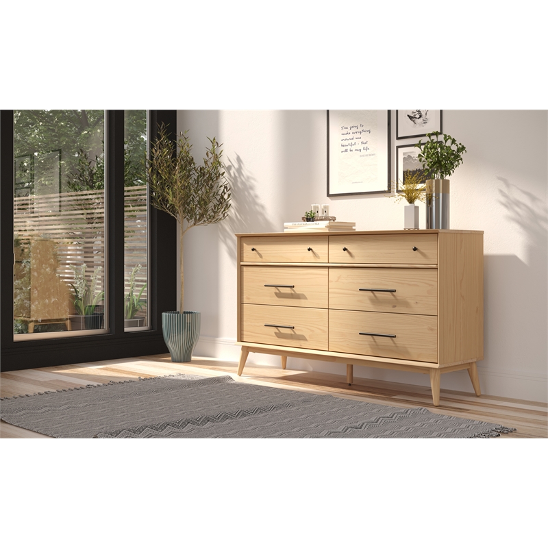 Mid Century Six Drawer Dresser - Scandinavian Oak Finish