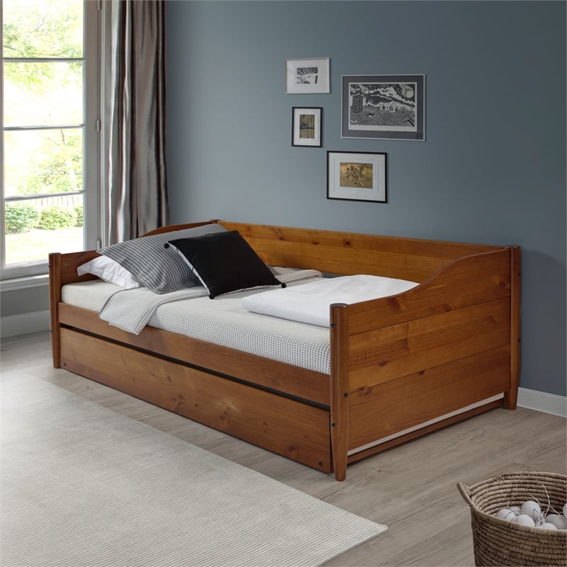Mid Century Classic Twin Size Day Bed with Trundle Castanho Finish