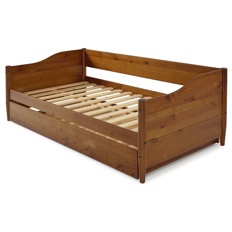 Mid Century Classic Twin Size Day Bed with Trundle Castanho Finish