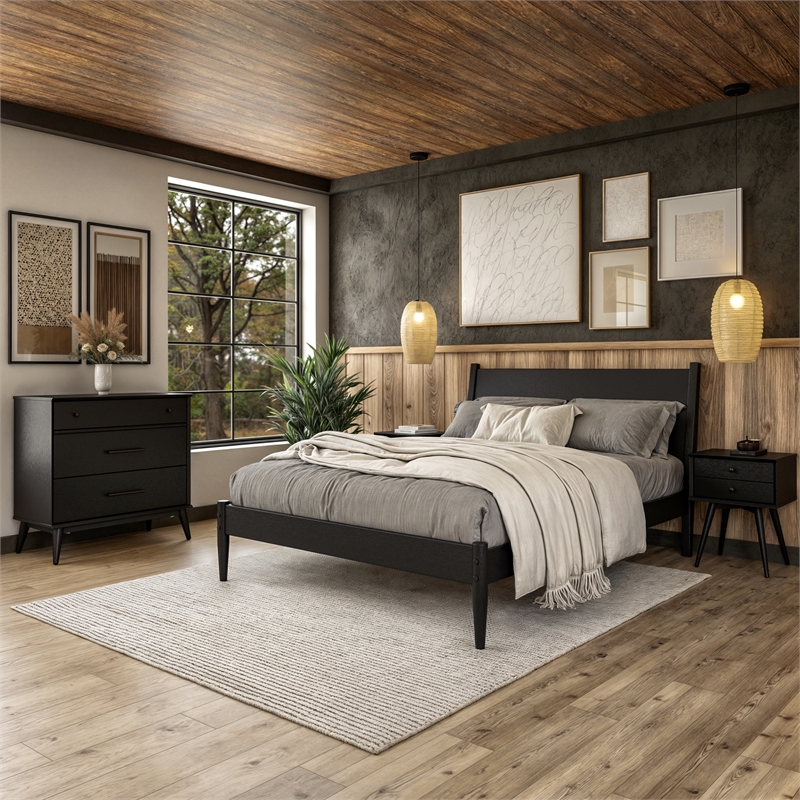Camaflexi Mid Century Panel Bed Queen Size Black