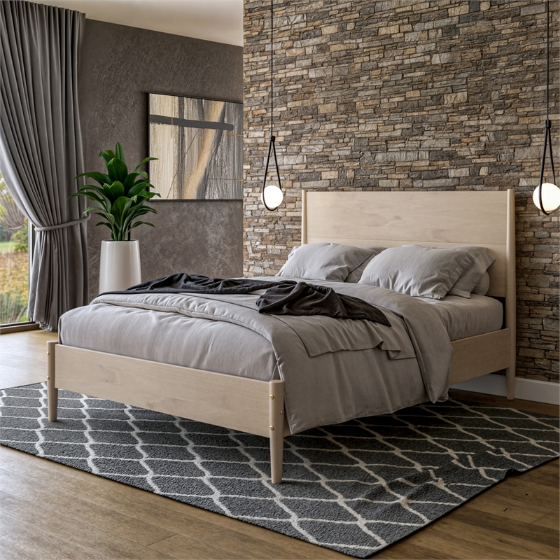 Mid Century Platform Bed Queen Size - Light Oak Finish