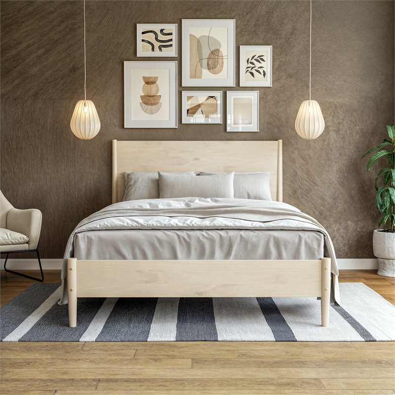 Mid Century Platform Bed Queen Size - Light Oak Finish