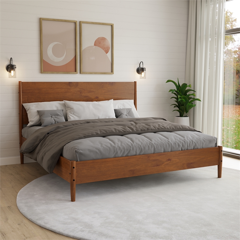 Mid Century Platform Bed King Size - Dark Pecan Finish