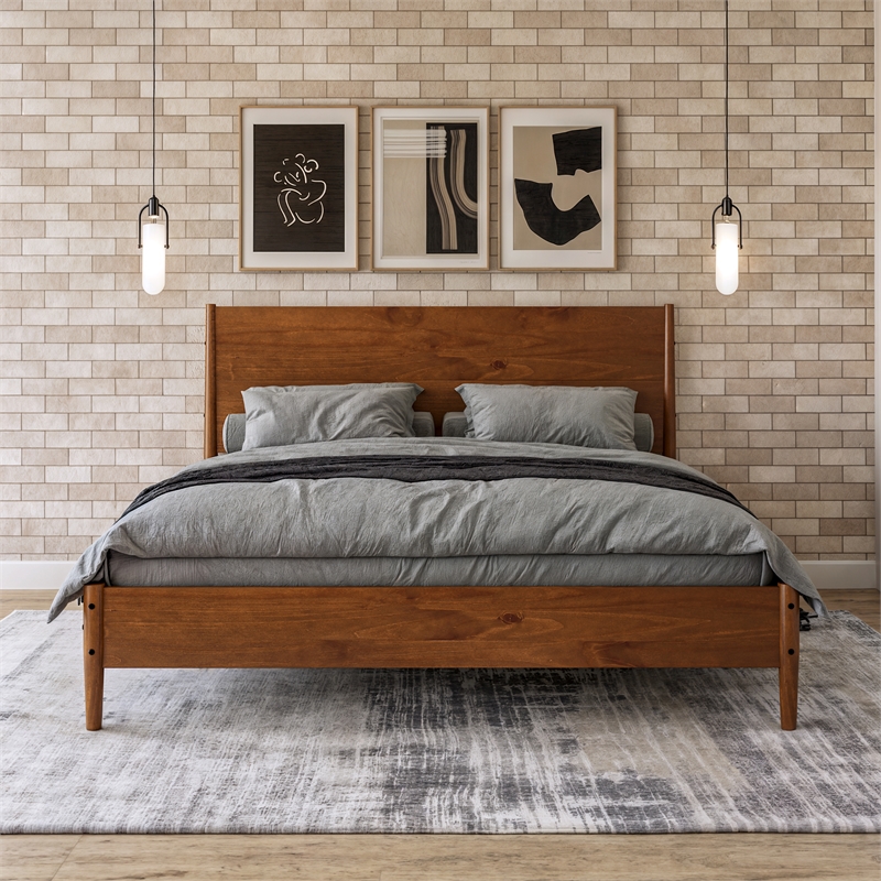 Mid Century Platform Bed King Size - Dark Pecan Finish