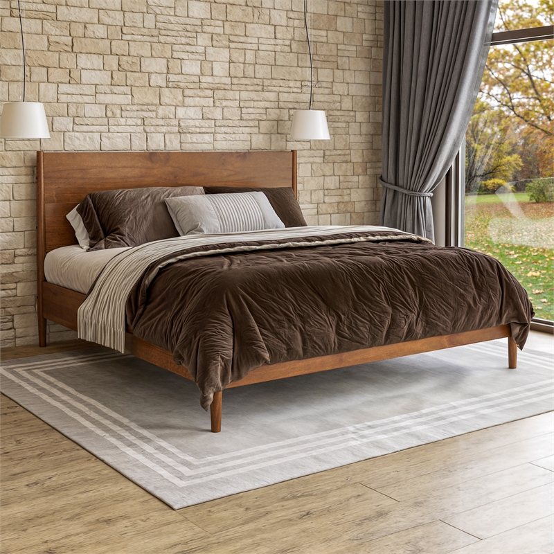 Mid Century Platform Bed King Size - Dark Pecan Finish