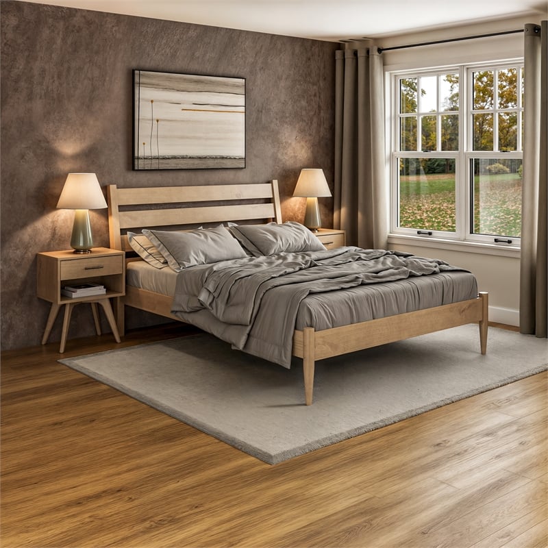 Mid-Century Modern Platform Bed - Light Oak Finish