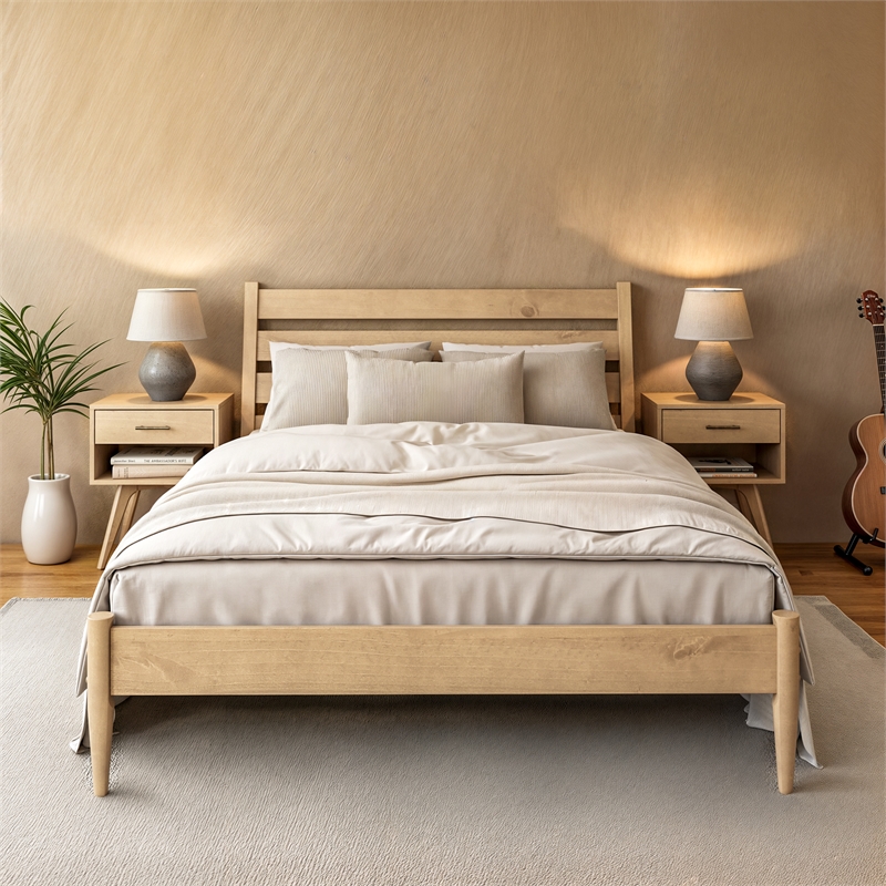 Mid-Century Modern Platform Bed - Light Oak Finish