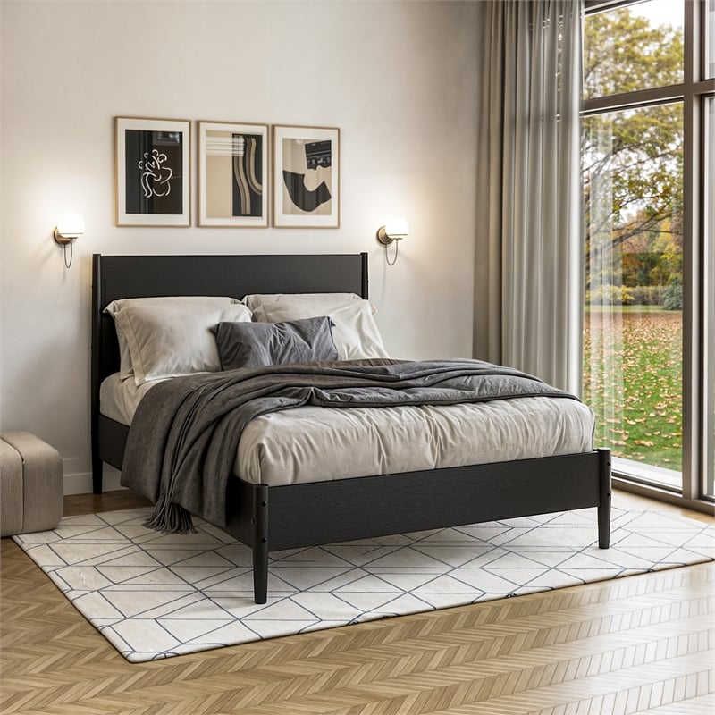 Mid Century Platform Bed Queen Size - Black Finish
