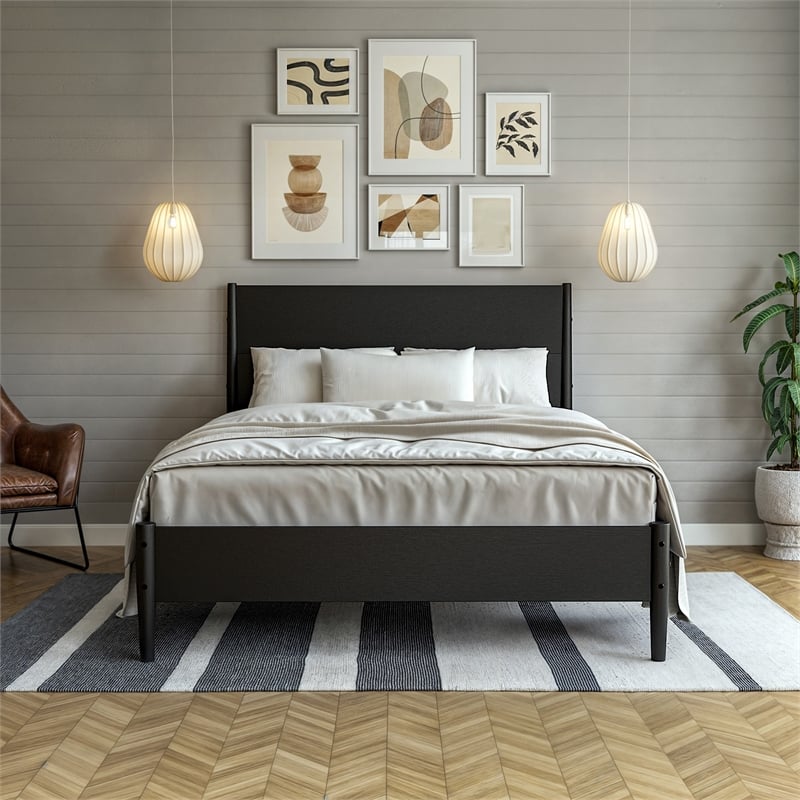 Mid Century Platform Bed Queen Size - Black Finish