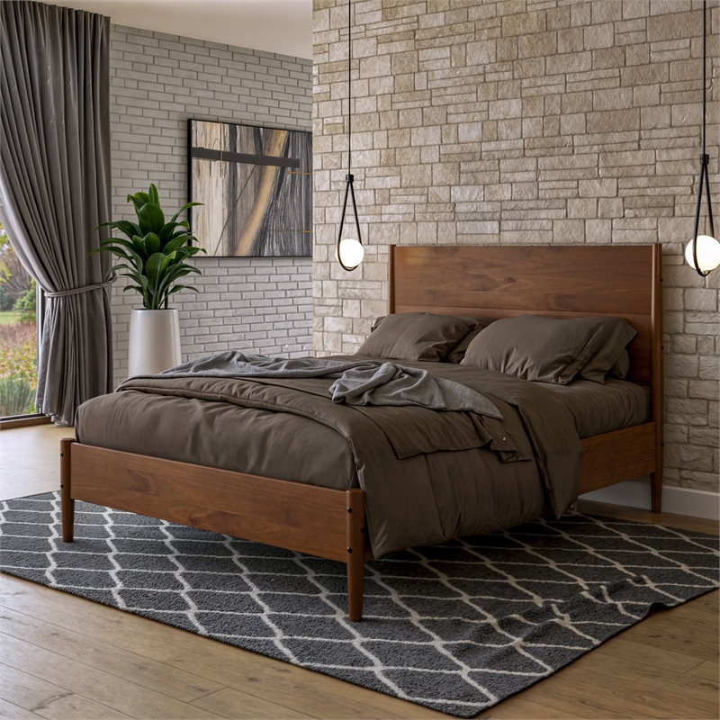 Mid Century Platform Bed Queen Size - Dark Pecan Finish