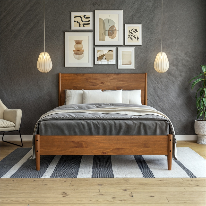 Mid Century Platform Bed Queen Size - Dark Pecan Finish