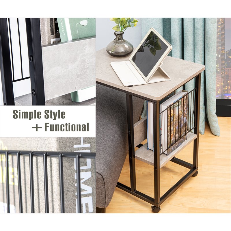 JJS Modern Wood End C Table with Magazine Holder in Cement/Black