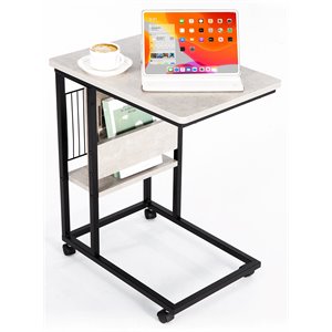 JJS Modern Wood End C Table with Magazine Holder in Cement/Black