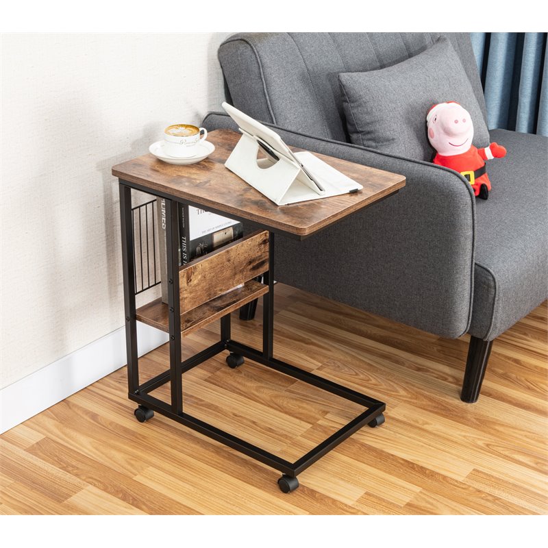 JJS Modern Wood End C Table with Magazine Holder in Rustic Brown