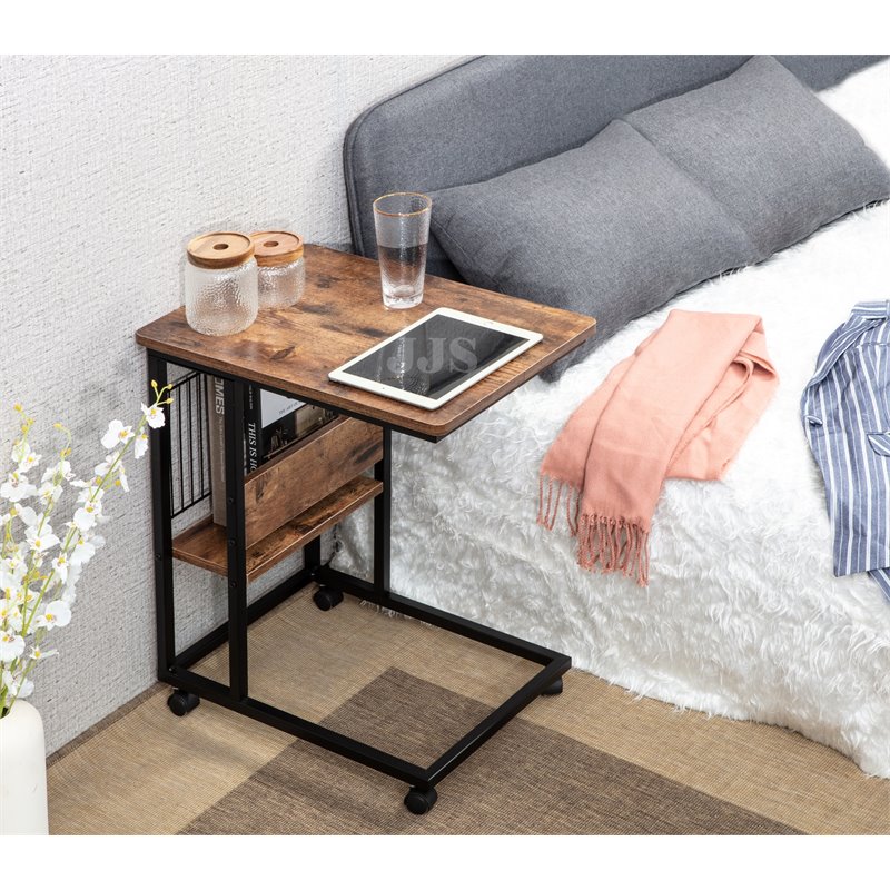 JJS Modern Wood End C Table with Magazine Holder in Rustic Brown