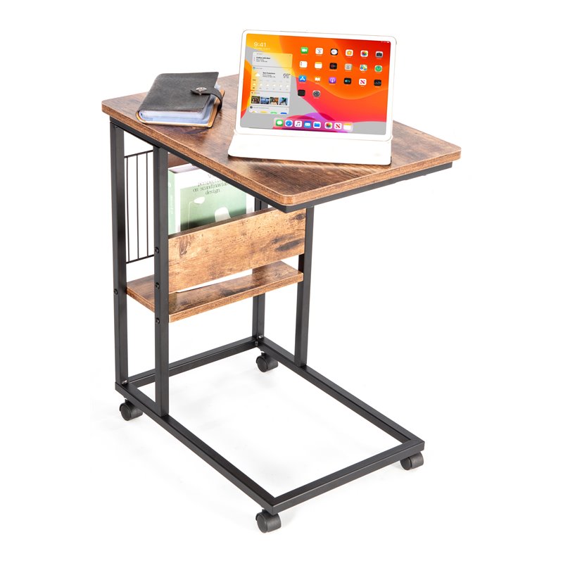 JJS Modern Wood End C Table with Magazine Holder in Rustic Brown