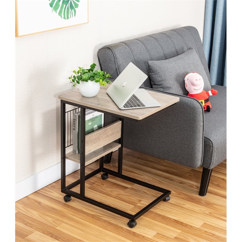 JJS Modern Wood End C Table with Magazine Holder in Smoky Gray