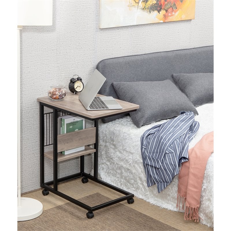 JJS Modern Wood End C Table with Magazine Holder in Smoky Gray