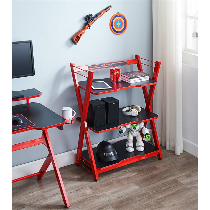 JJS Modern 3-Tier Engineered Wood & Metal Gaming Console Storage Shelf in Red