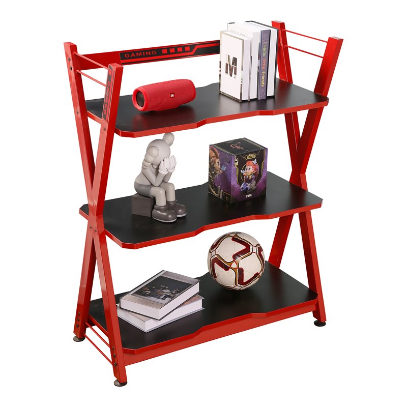 JJS Modern 3-Tier Engineered Wood & Metal Gaming Console Storage Shelf in Red