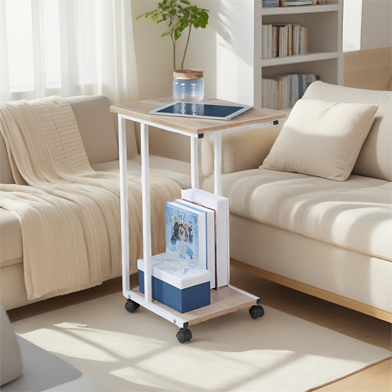 JJS Modern Wood & Metal End C Table for Small Spaces in Oak/White