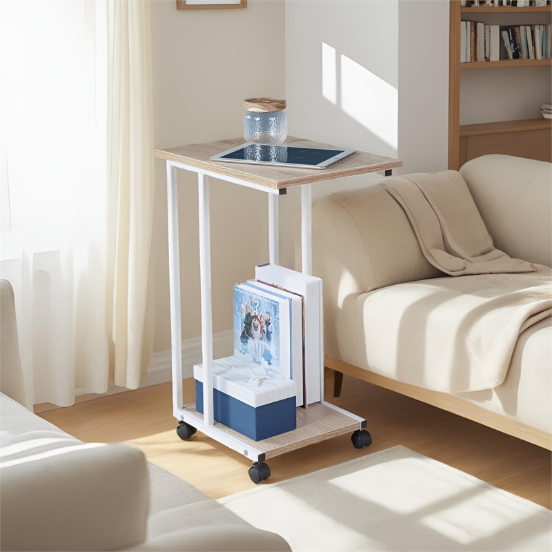 JJS Modern Wood & Metal End C Table for Small Spaces in Oak/White