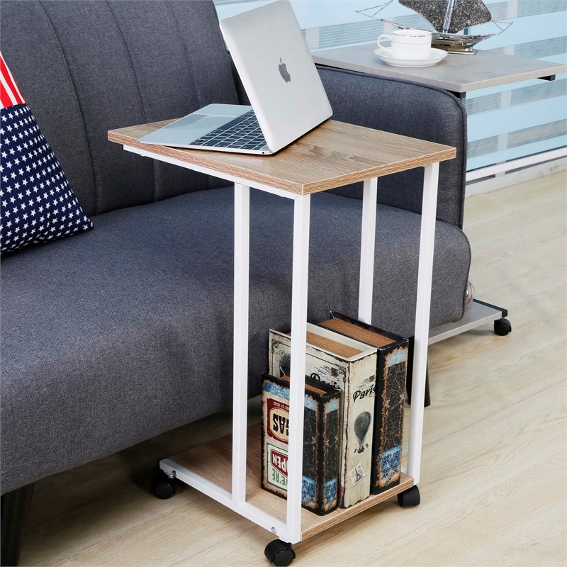 JJS Modern Wood & Metal End C Table for Small Spaces in Oak/White