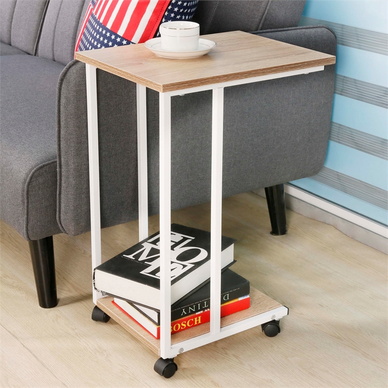 JJS Modern Wood & Metal End C Table for Small Spaces in Oak/White