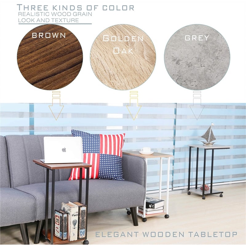 JJS Modern Wood & Metal End C Table for Small Spaces in Oak/White