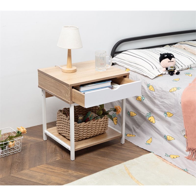 JJS Modern Wood End Table with Drawer and Storage Shelves in Oak/White