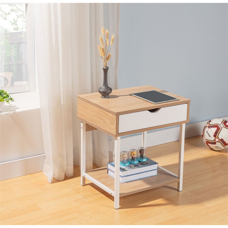 JJS Modern Wood End Table with Drawer and Storage Shelves in Oak/White