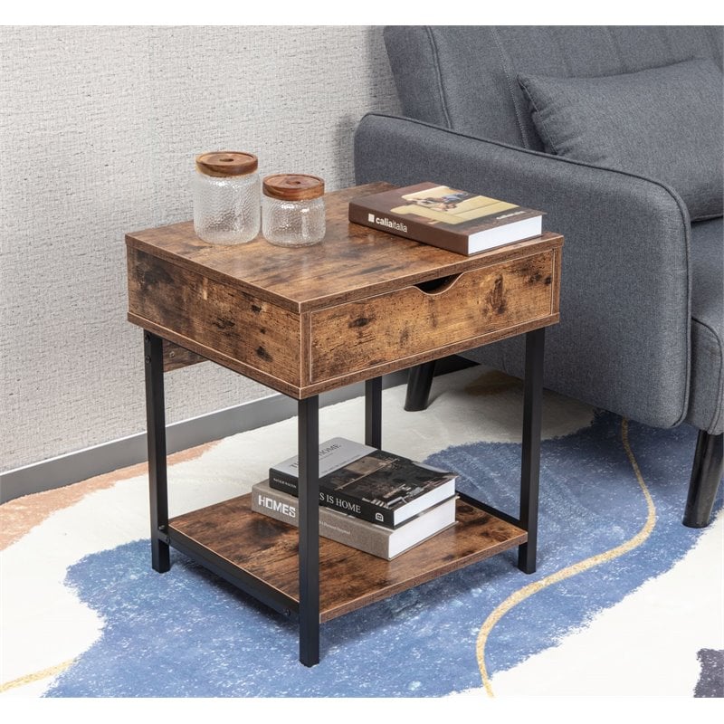 JJS Modern Wood End Table with Drawer and Storage Shelves in Rustic Brown