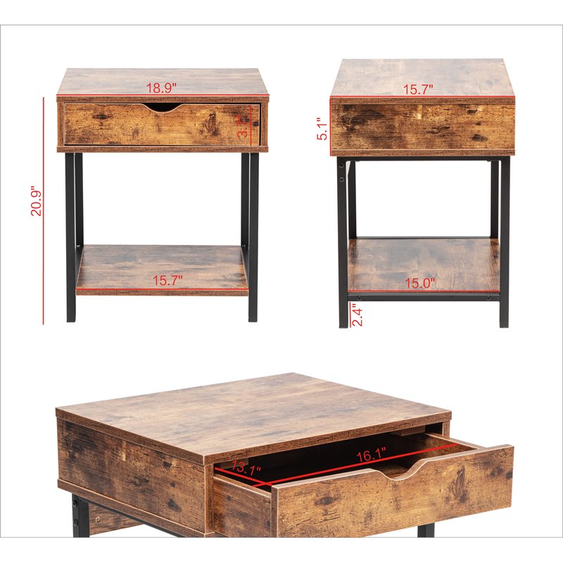 JJS Modern Wood End Table with Drawer and Storage Shelves in Rustic Brown