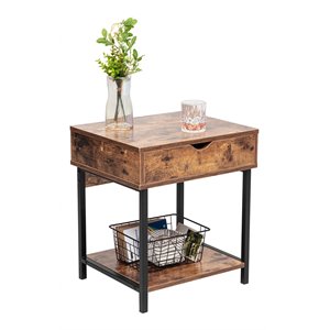 jjs modern wood end table with drawer and storage shelves in rustic brown